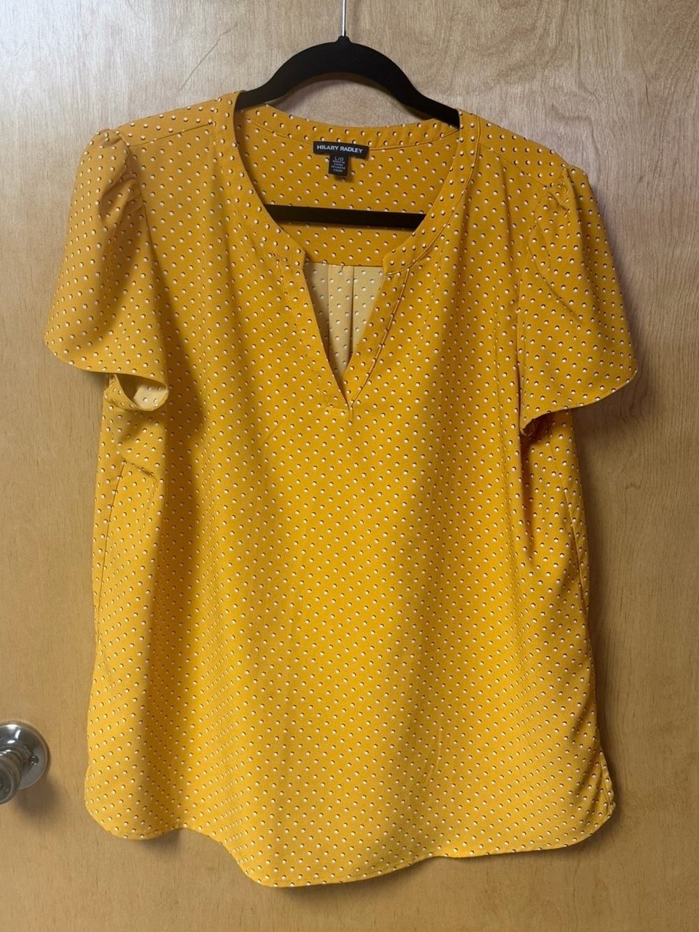 Hilary Radley Mustard Yellow Dot Split-Neck Flutter Sleeve Blouse